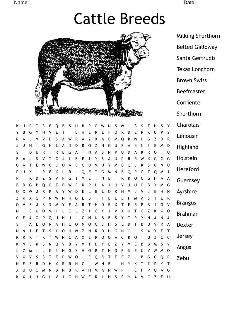 Cattle Breeds Word Search WordMint Cattle Breeds Word Search WordMint