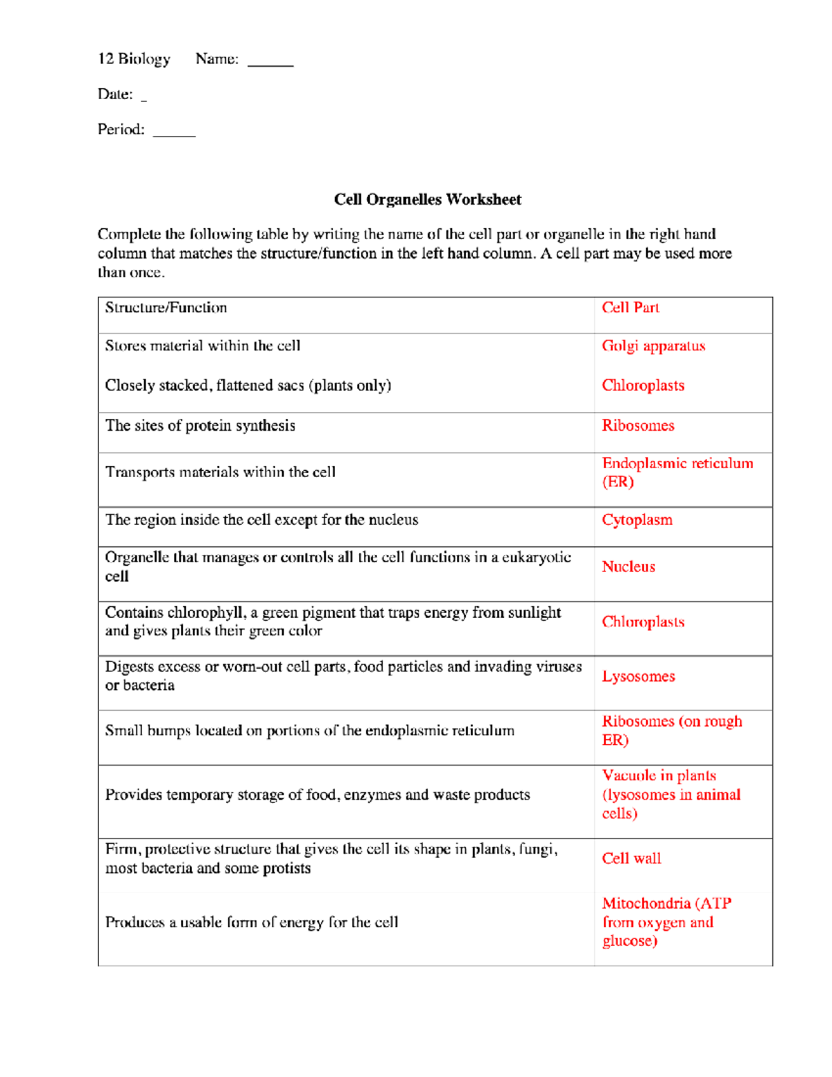Cell Organelles Key Functions And Answers For Study Guide Studocu