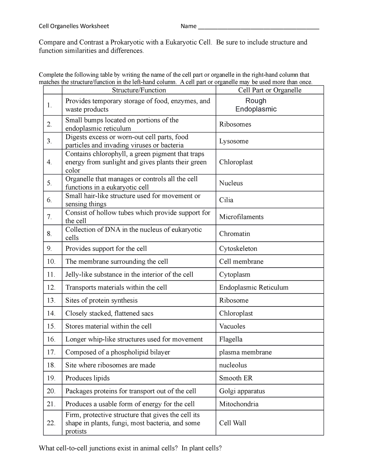 Cell Structure And Function Worksheet Cell Organelles Worksheets Library