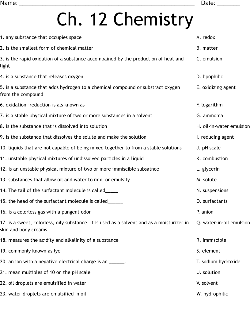 Ch 12 Chemistry Worksheet WordMint