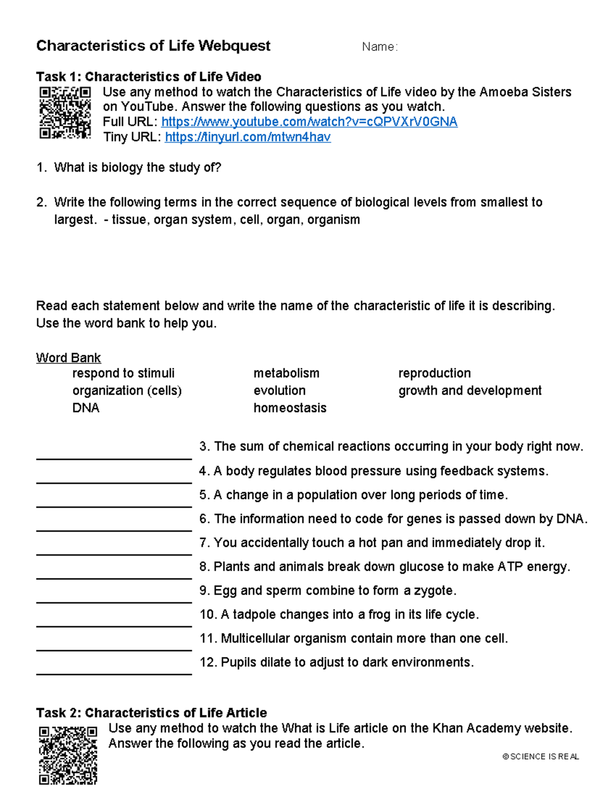 characteristics of life worksheet answers characteristics of life worksheet answers