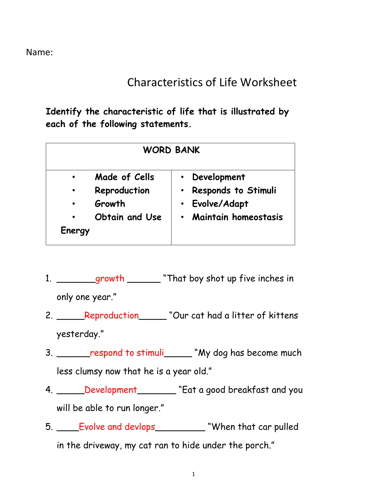 Characteristics Of Life Worksheet Characteristics Of Life Worksheet
