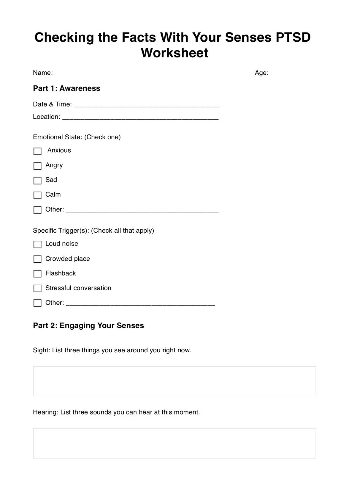 Checking The Facts With Your Senses PTSD Worksheet