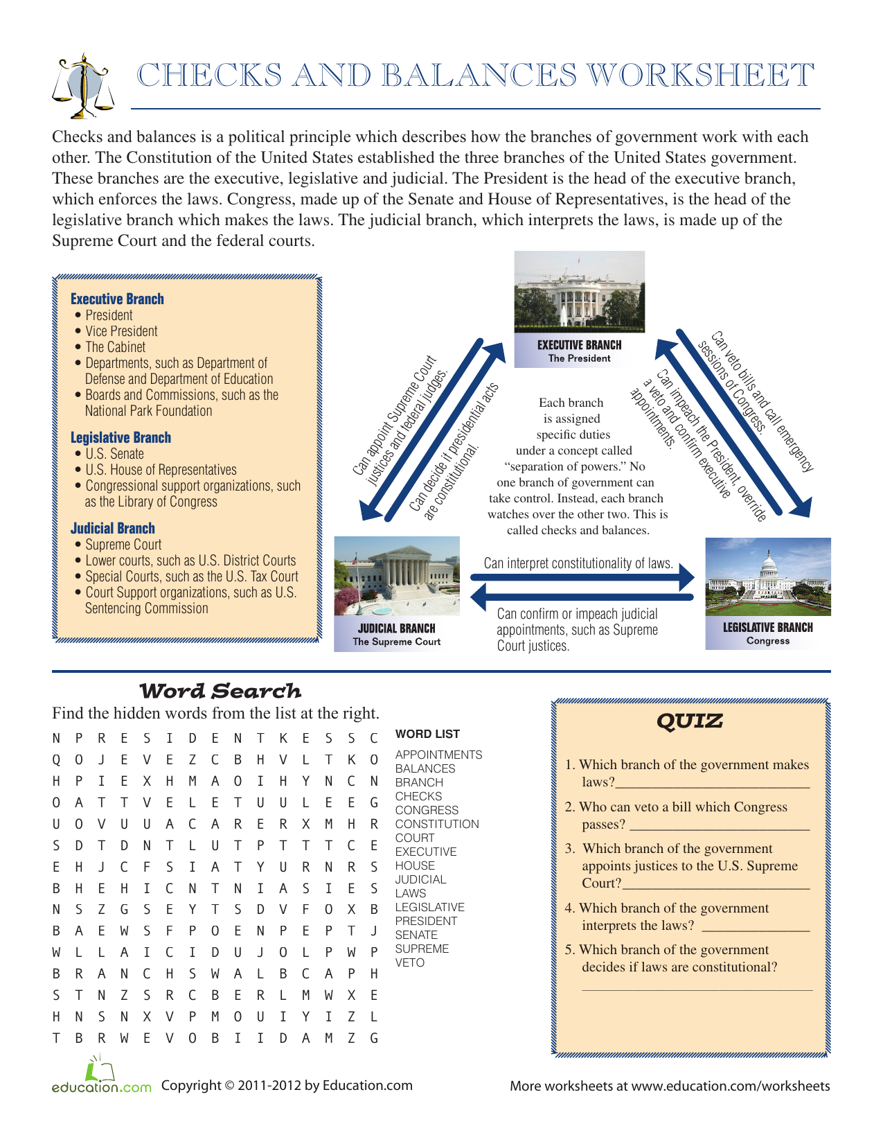 Checks And Balances Worksheet US Government Checks And Balances Worksheet US Government