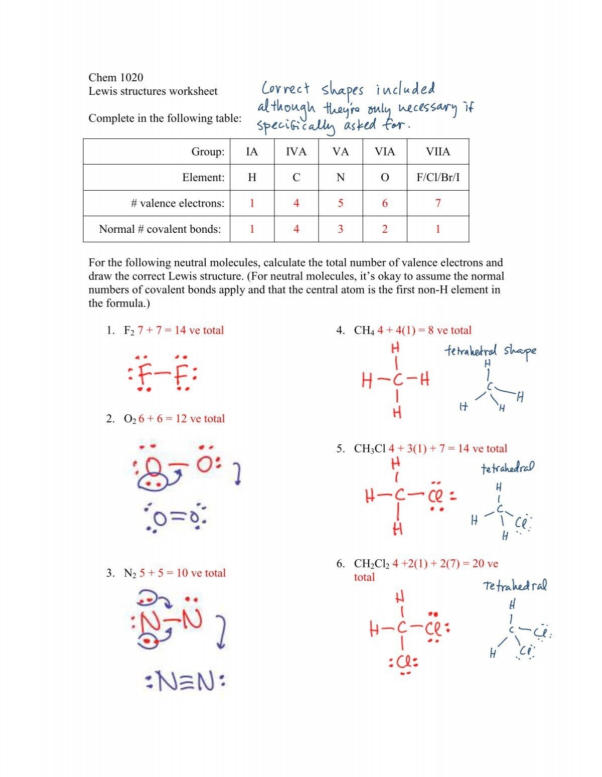 Chem 1020 Lewis Structures Worksheet Complete In The Following Chem 1020 Lewis Structures Worksheet Complete In The Following