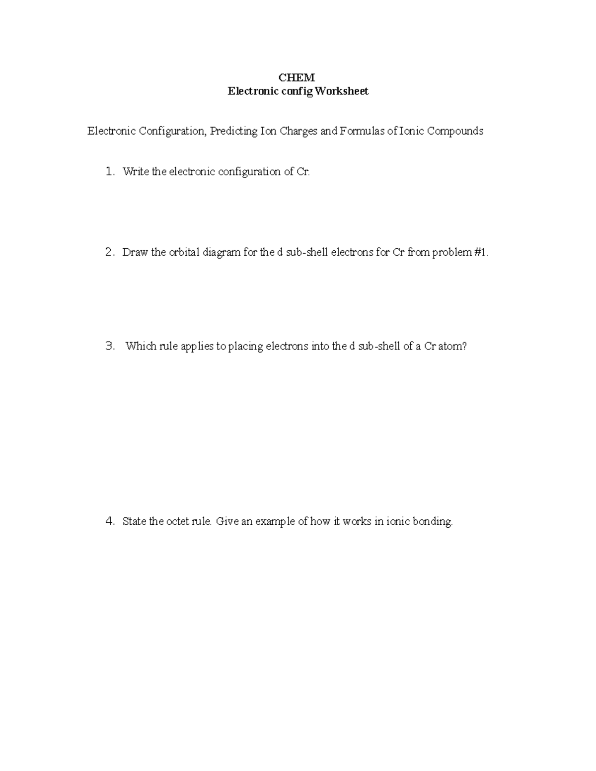 CHEM 131 Electronic Configuration And Ion Charges Worksheet Studocu
