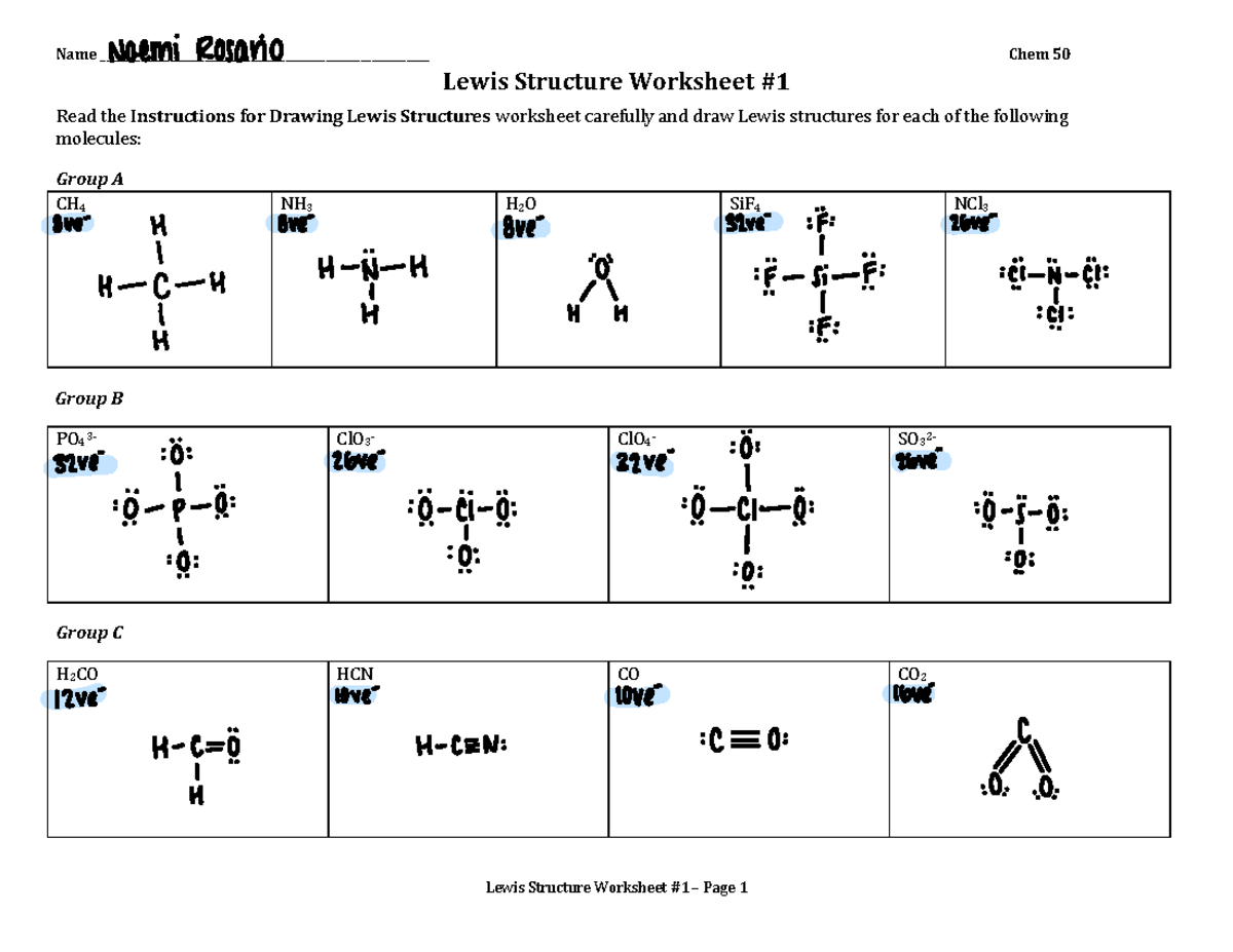 Chem 50 Lewis Structures Drawing Worksheet And Instructions Studocu Chem 50 Lewis Structures Drawing Worksheet And Instructions Studocu