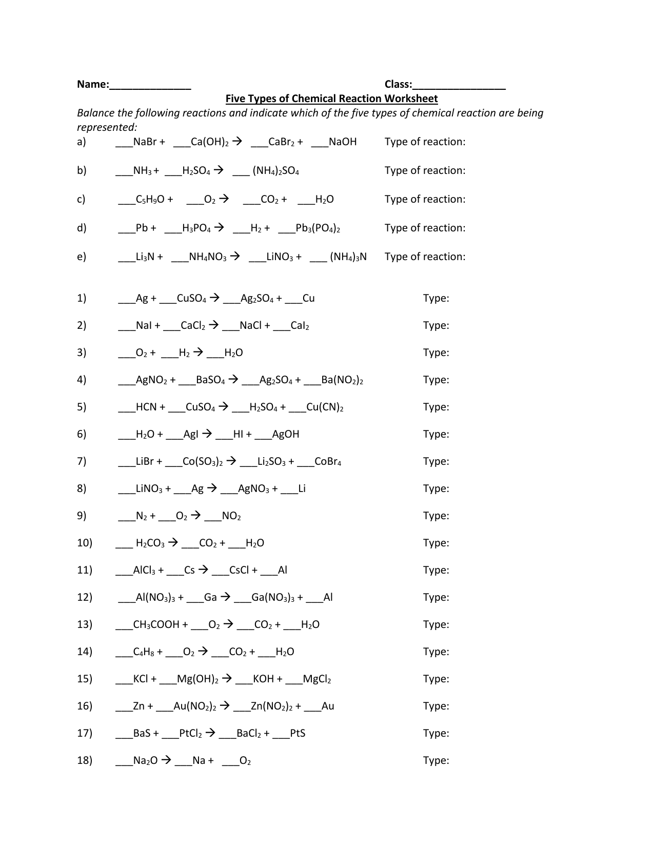 Chemical Reaction Types Worksheet