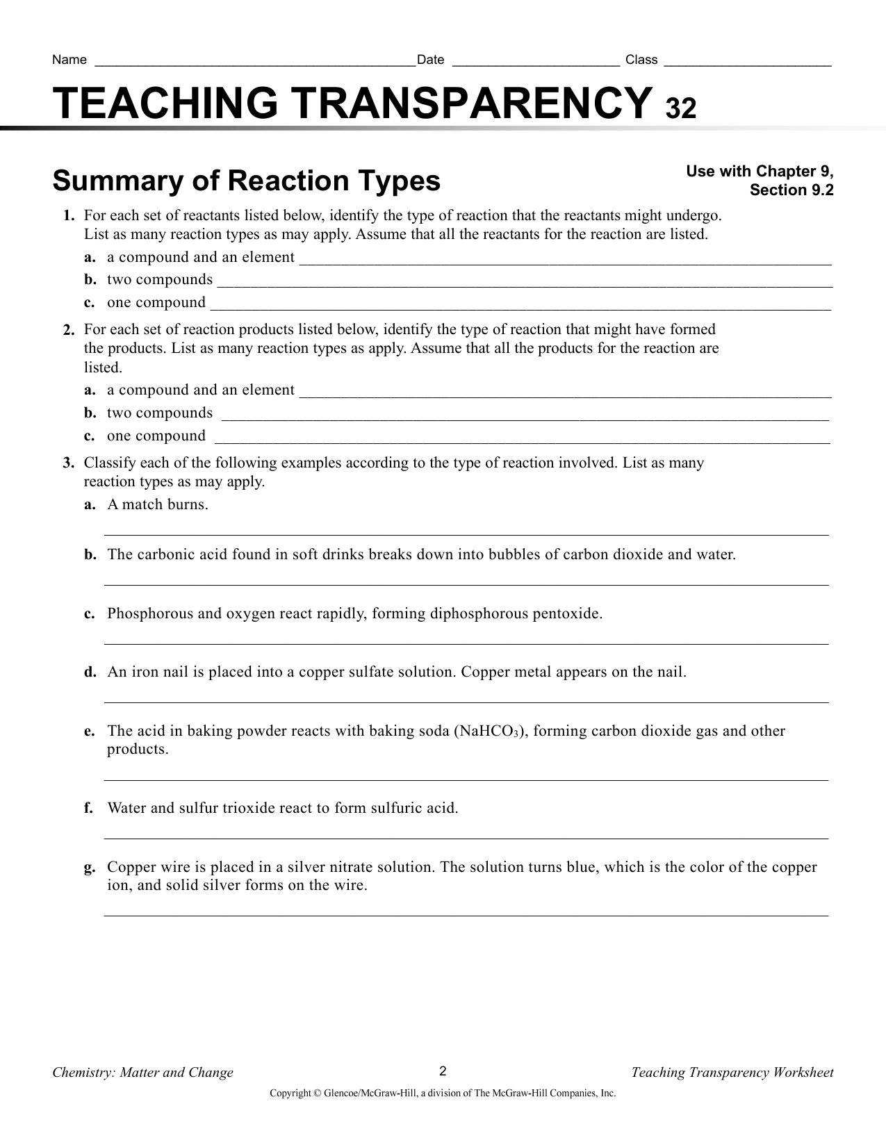reaction types worksheet with answers