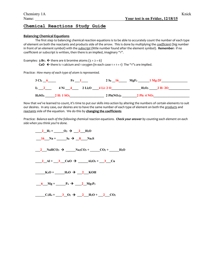 Chemical Reactions Study Guide Balancing Types Chemical Reactions Study Guide Balancing Types