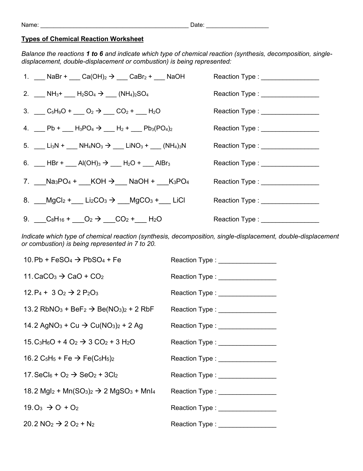 Chemical Reactions Worksheet Balancing Types