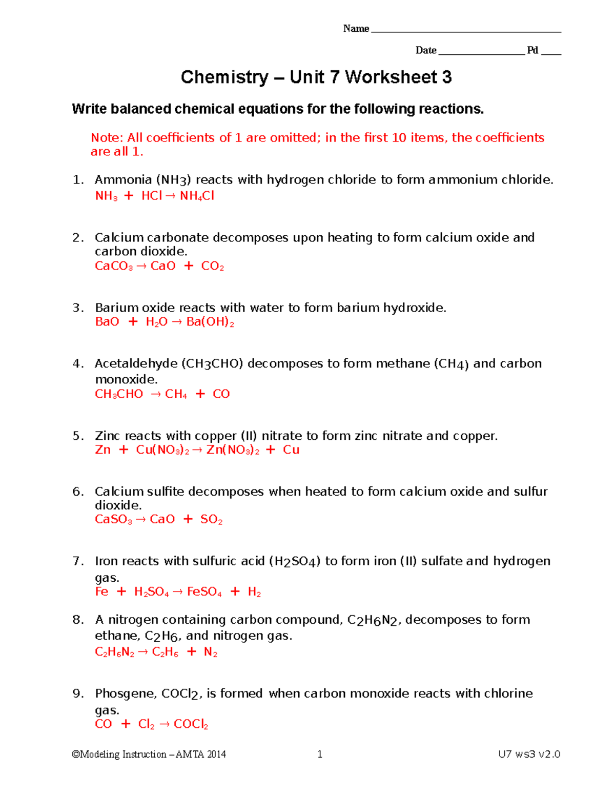 Chemistry 06 U7 Worksheet 3 Balanced Chemical Equations Studocu
