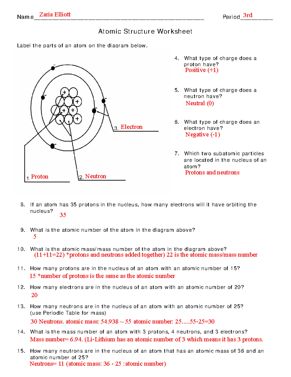 atomic basics worksheet answer key