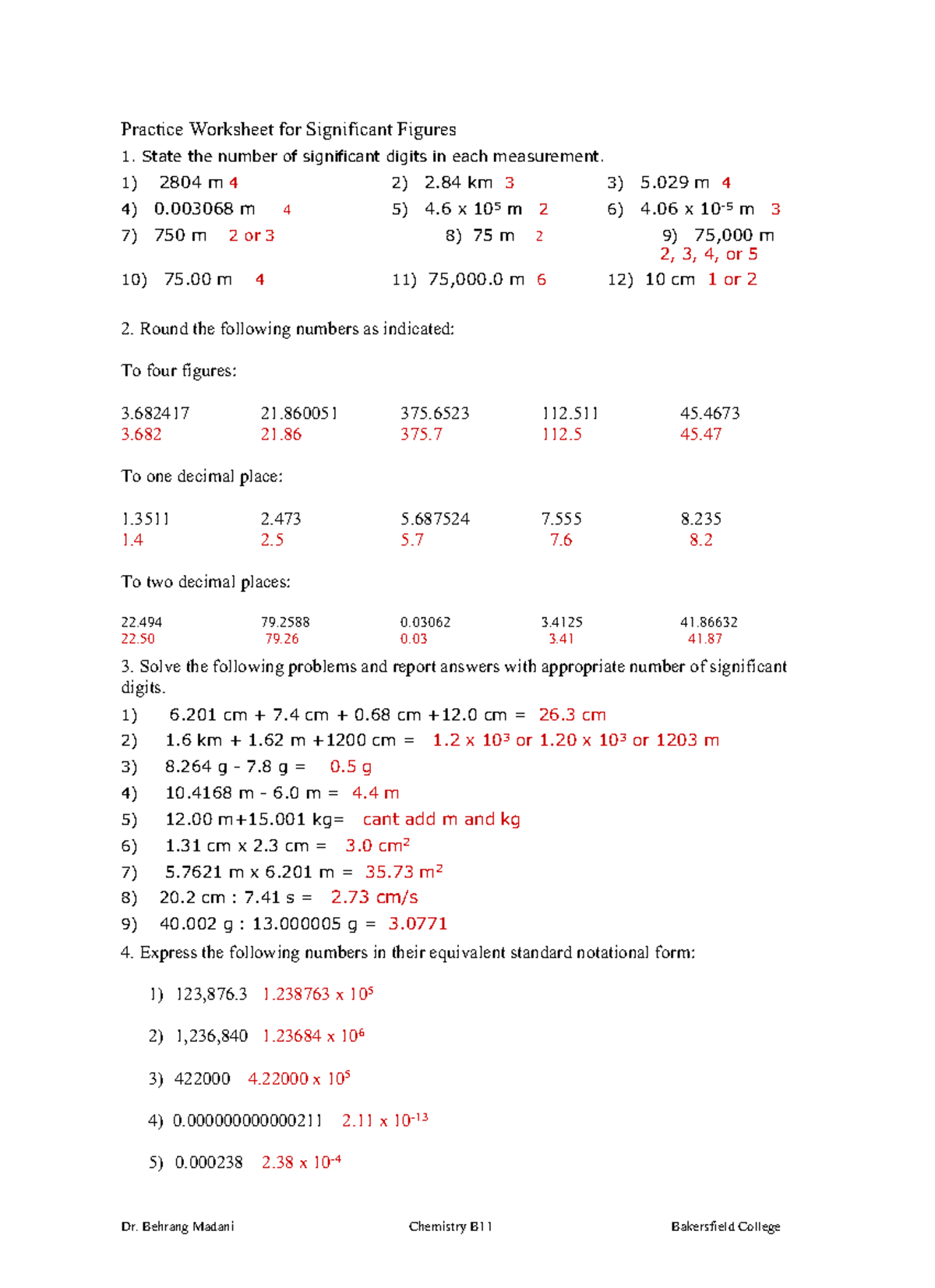Chemistry B11 Problem Set 1 Significant Figures Answer Sheet Studocu