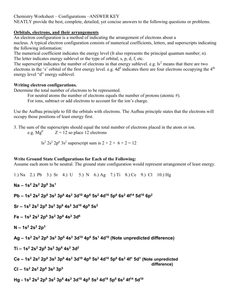 Chemistry Electron Configuration Worksheet Answer Key