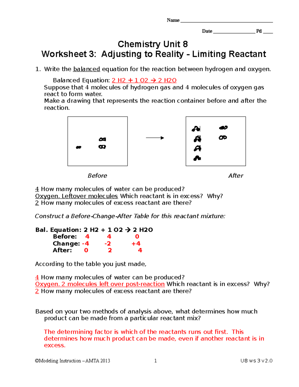 Chemistry Unit 8 Worksheet 3 Limiting Reactant Analysis Studocu