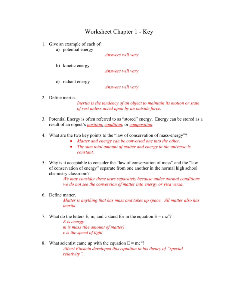 Chemistry Worksheet Key Energy Inertia And Conservation Chemistry Worksheet Key Energy Inertia And Conservation