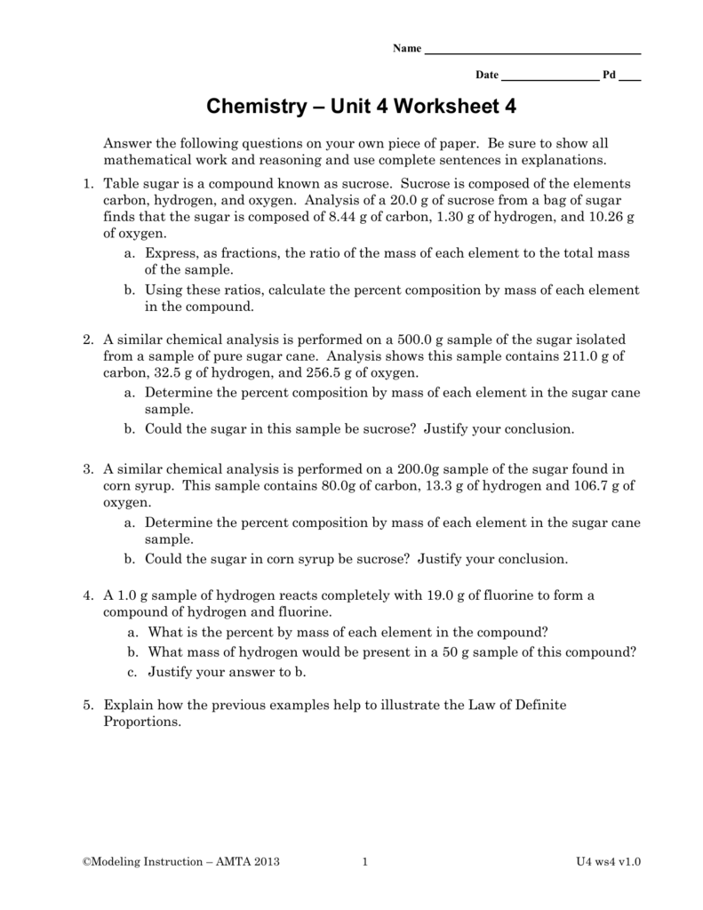 Chemistry Worksheet Law Of Definite Proportions