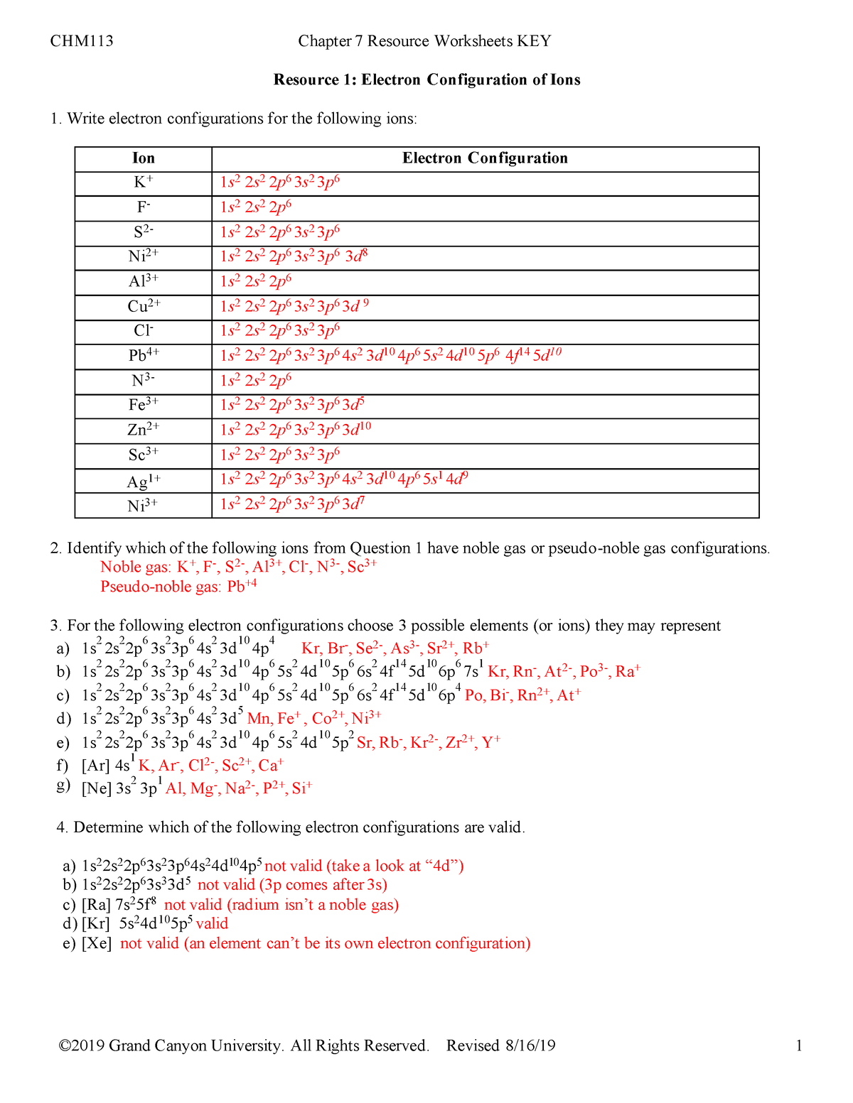 CHM113 T4 Ch7 Worksheets KEY Resource 1 Electron Configuration Worksheets Library