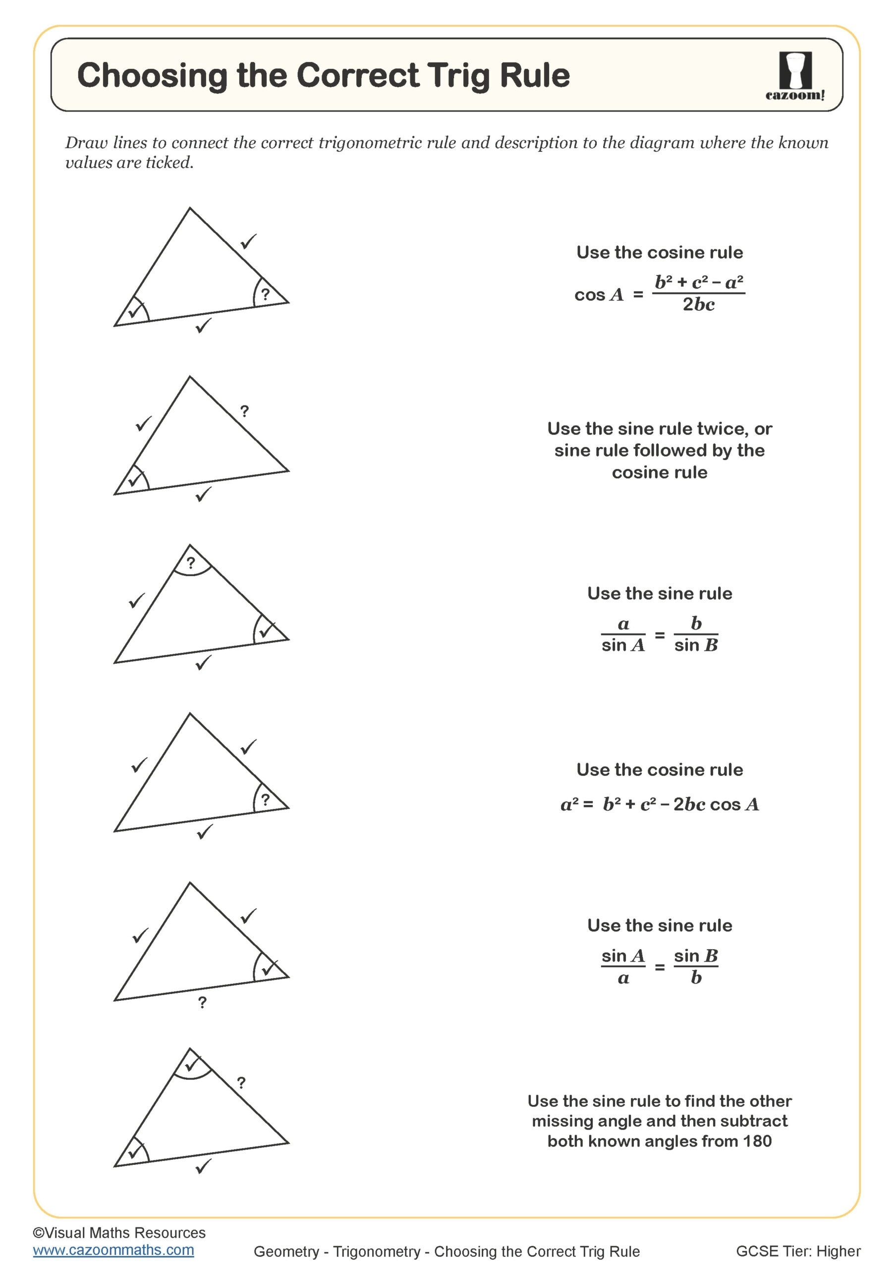 Choosing The Correct Trig Rule PDF Printable Worksheet