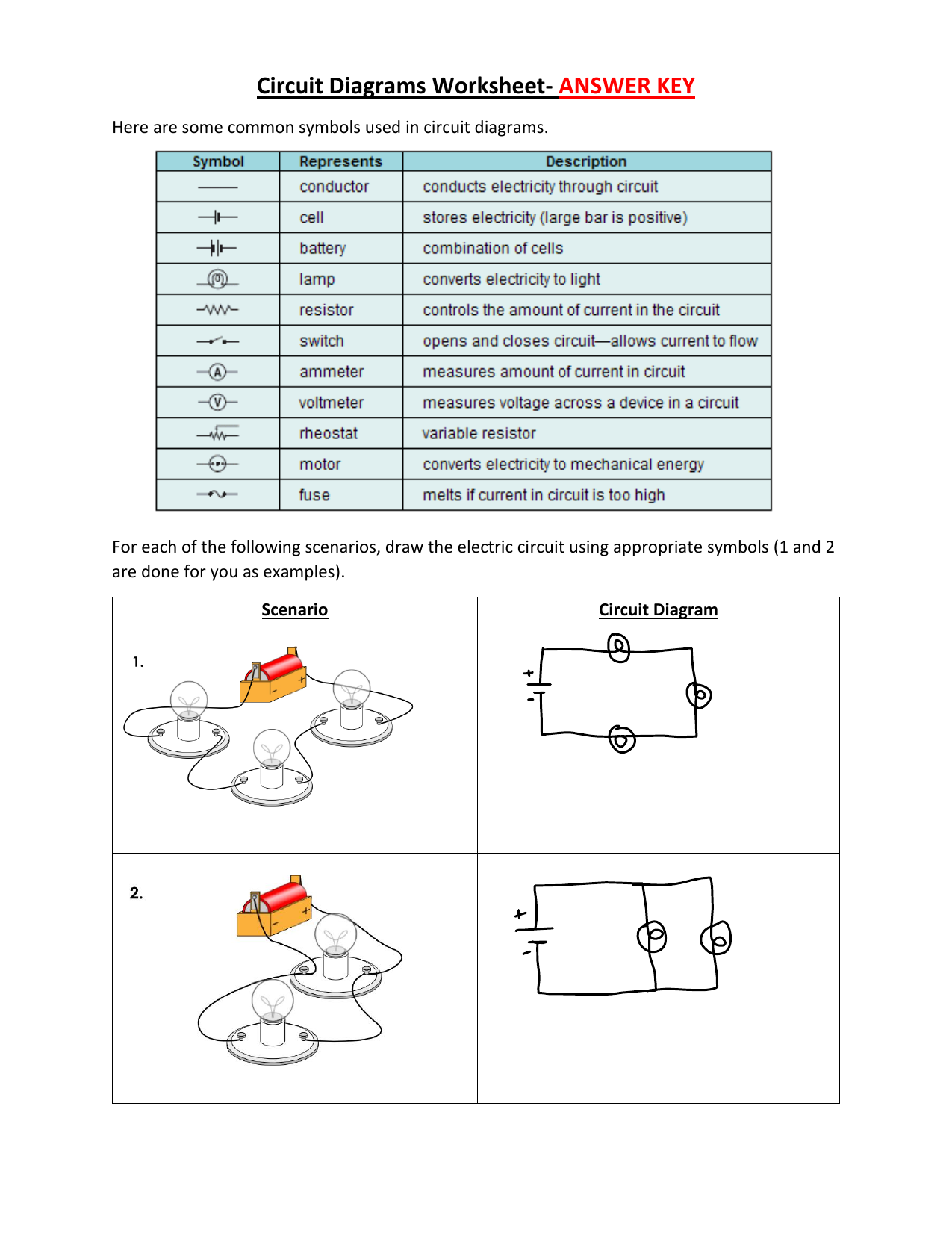 Circuit Diagrams Worksheet Symbols Practice