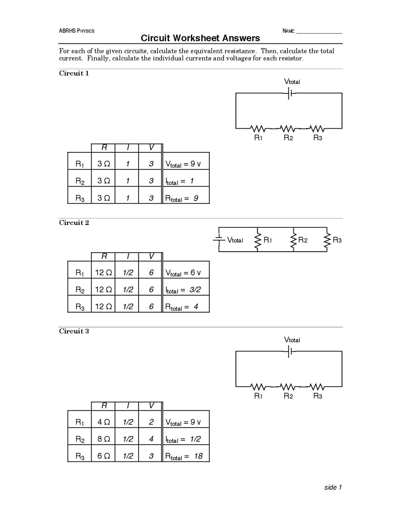 Circuit Worksheet answers Slides Physics Docsity