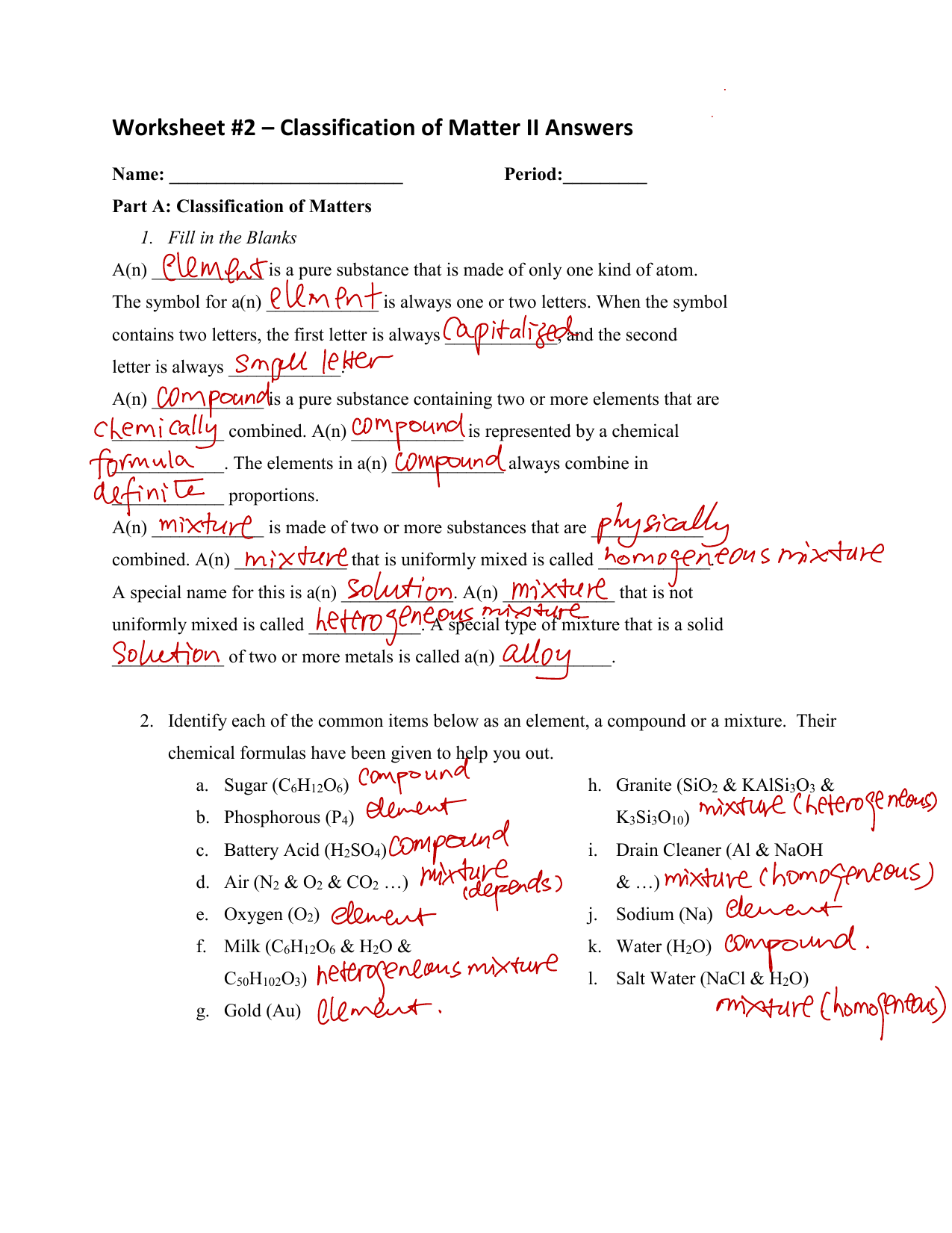 Classification Of Matter Worksheet Elements Compounds Mixtures
