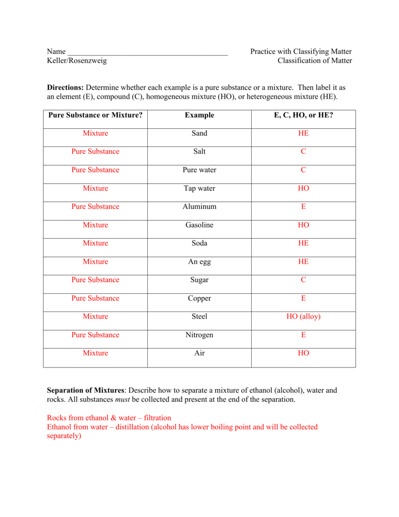 Classifying Matter Pure Substances Mixtures Worksheet