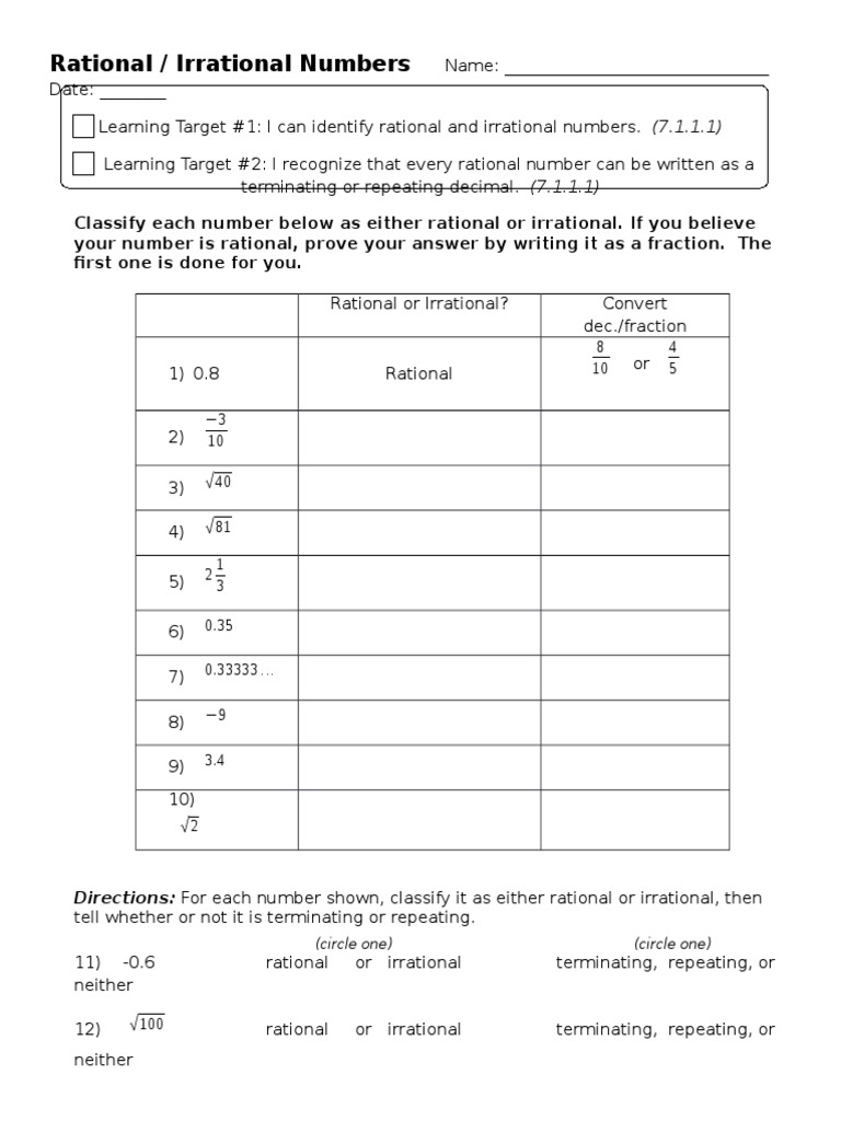 Classifying Rational And Irrational Worksheet PDF Rational Worksheets Library