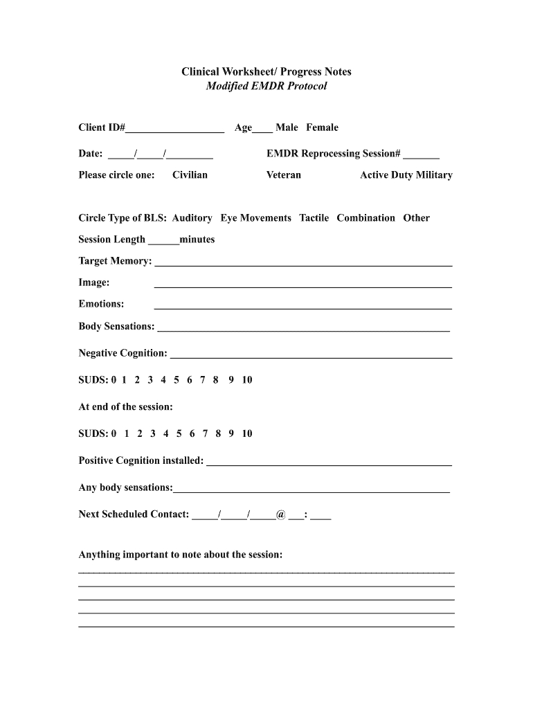 Clinical WorksheetProgress Notes Modified EMDR Protocol Form Fill Online Printable Fillable Blank PdfFiller Clinical WorksheetProgress Notes Modified EMDR Protocol Form Fill Online Printable Fillable Blank PdfFiller