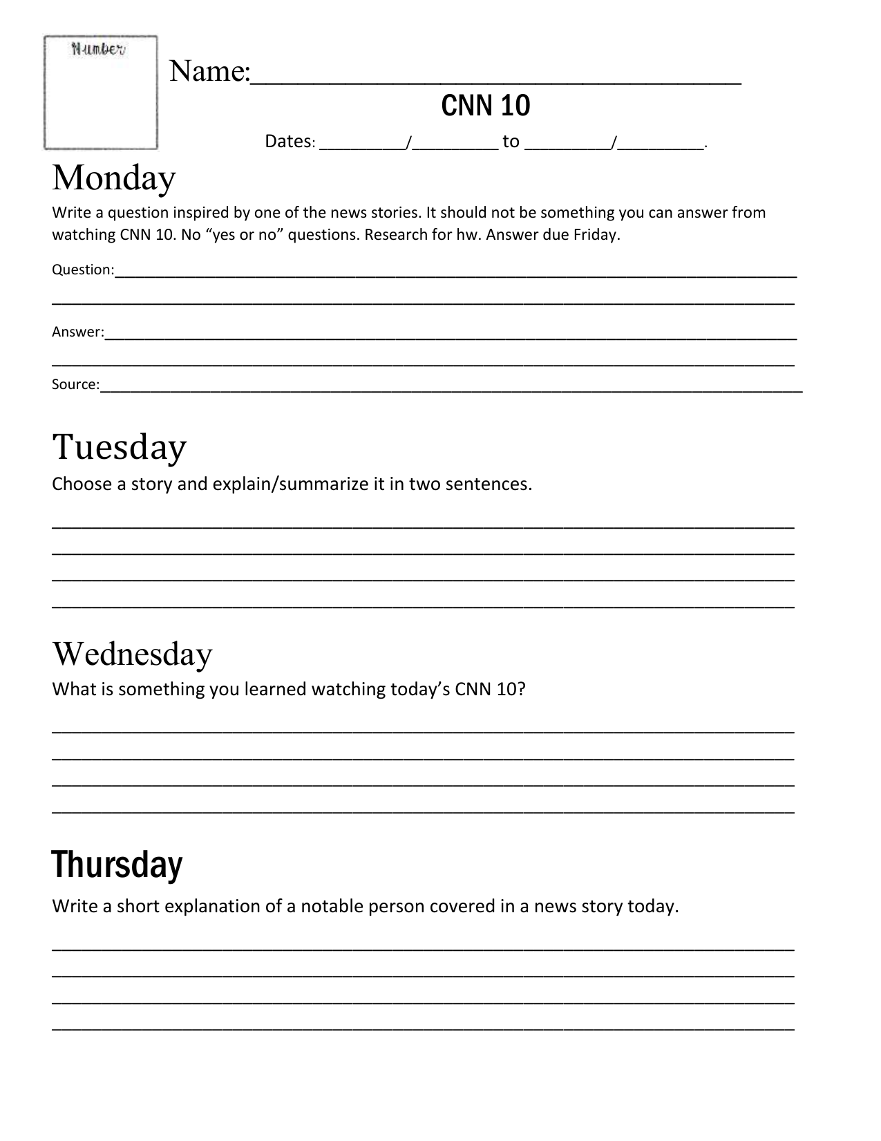 CNN 10 Worksheet News Analysis Critical Thinking CNN 10 Worksheet News Analysis Critical Thinking