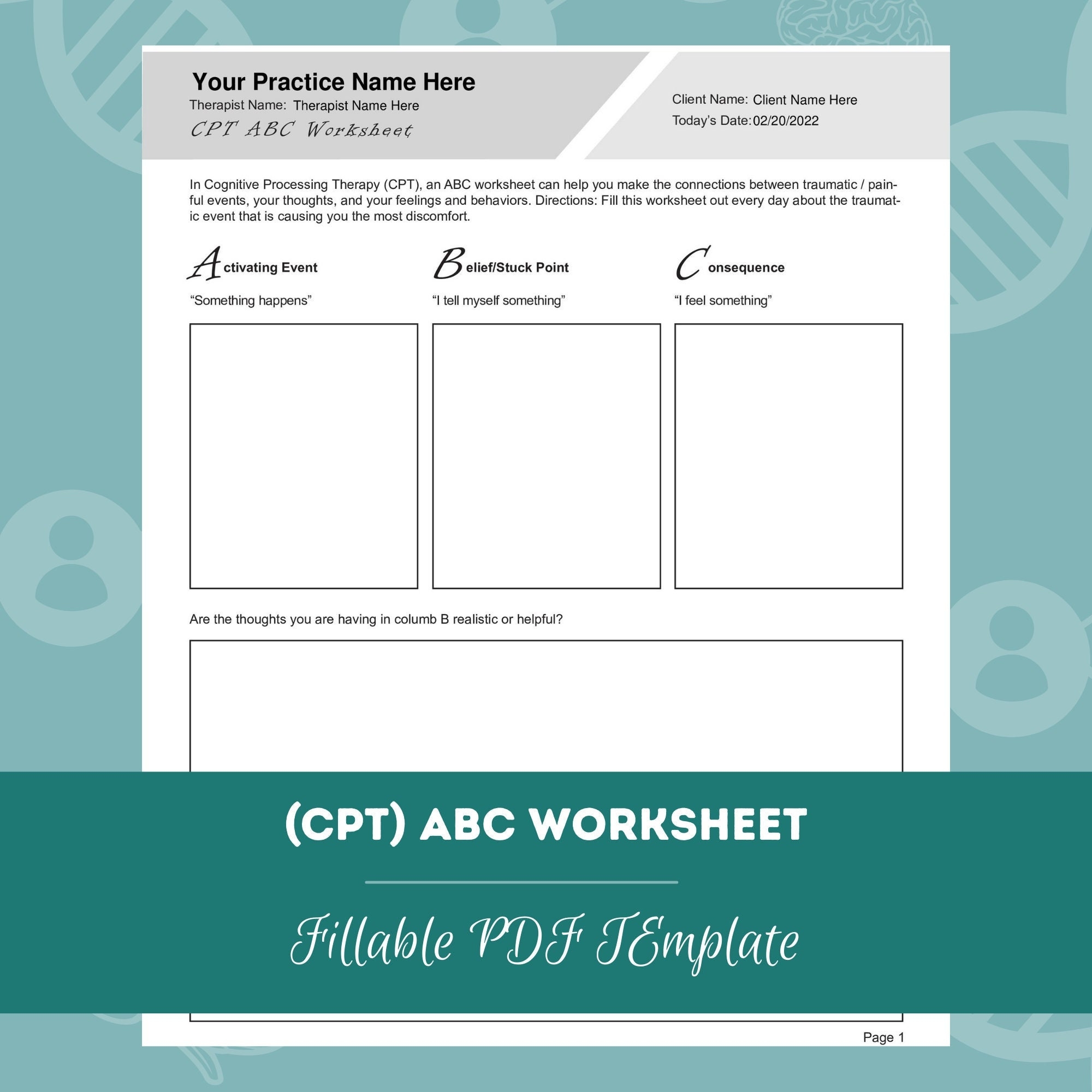 Cognitive Processing Therapy CPT ABC Worksheet Editable Fillable PDF For Counselors Psychologists Social Workers Therapists Etsy Denmark