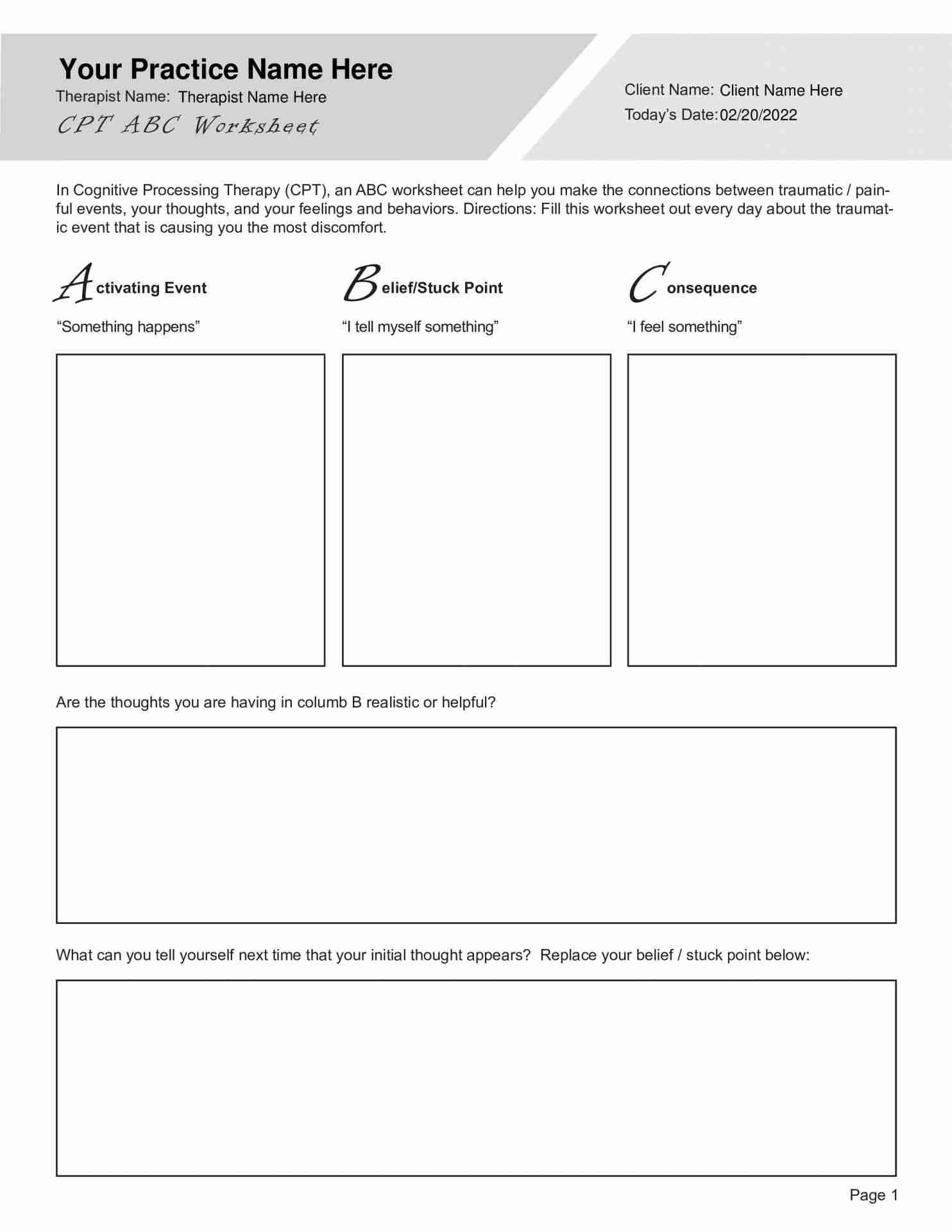 Cognitive Processing Therapy CPT ABC Worksheet PDF TherapyByPro