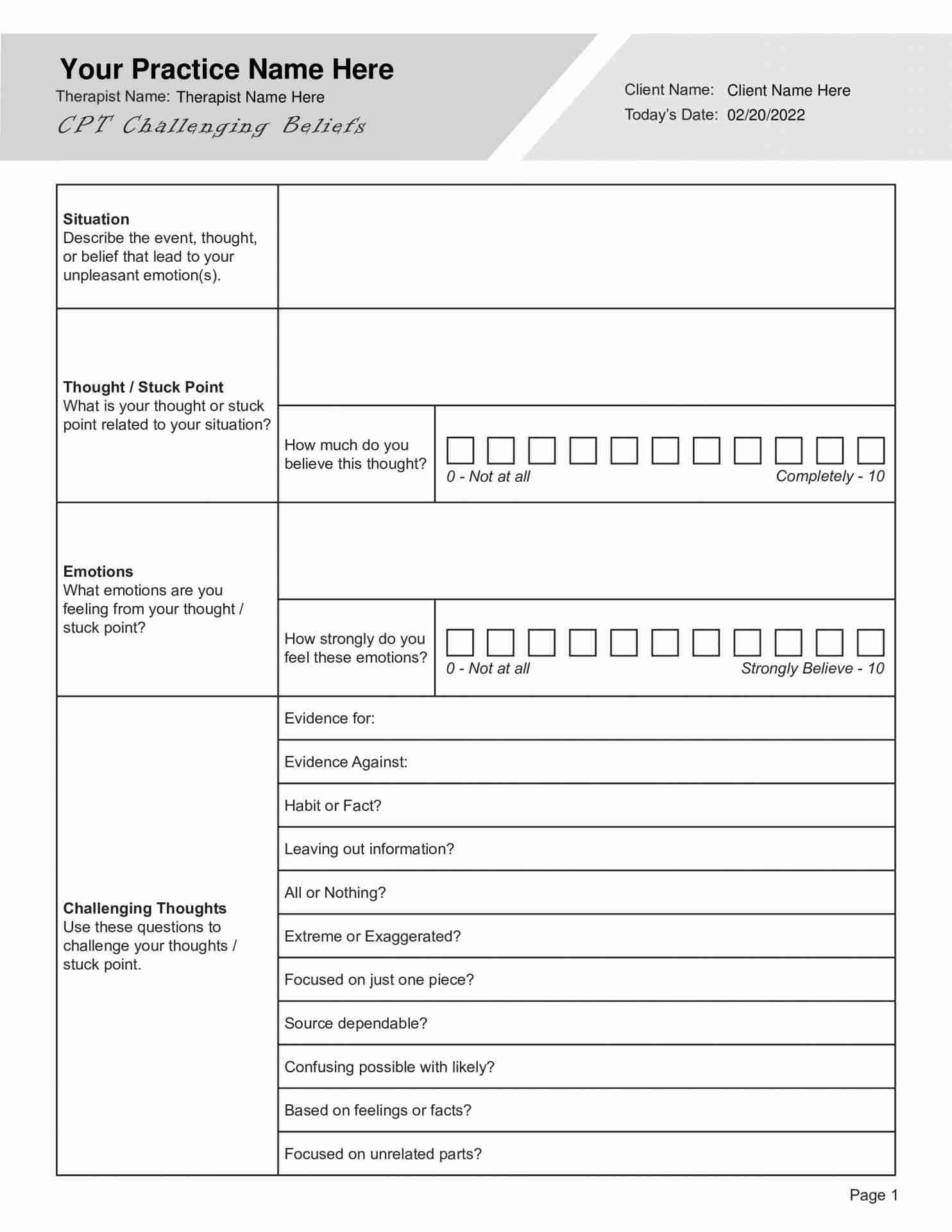 Cognitive Processing Therapy CPT Challenging Beliefs Worksheet PDF TherapyByPro