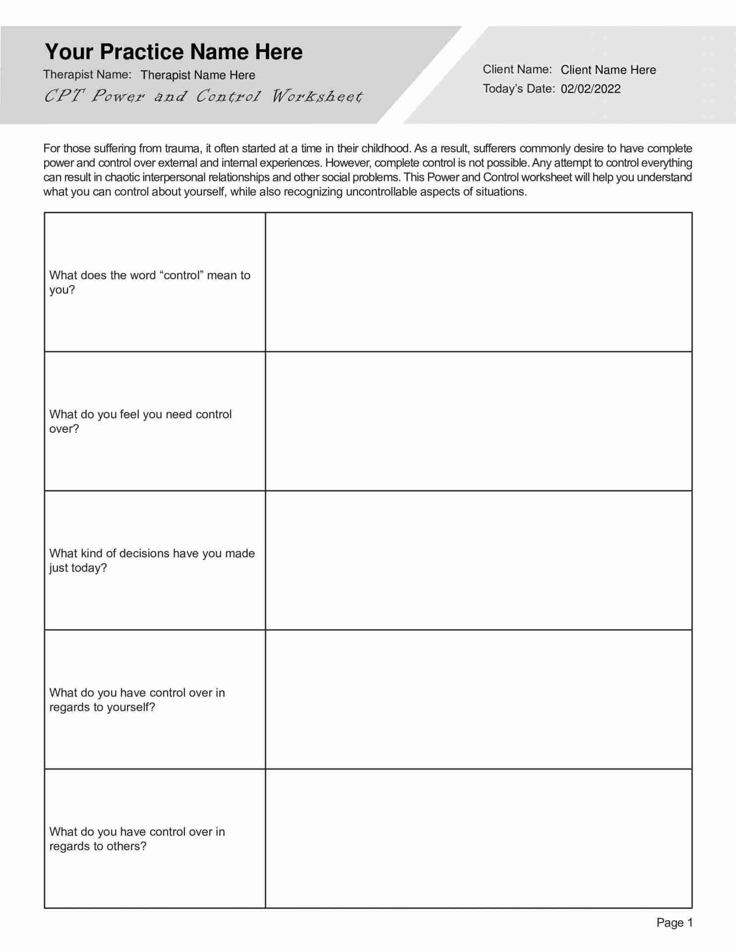 Cognitive Processing Therapy CPT Power And Control Worksheet PDF TherapyByPro