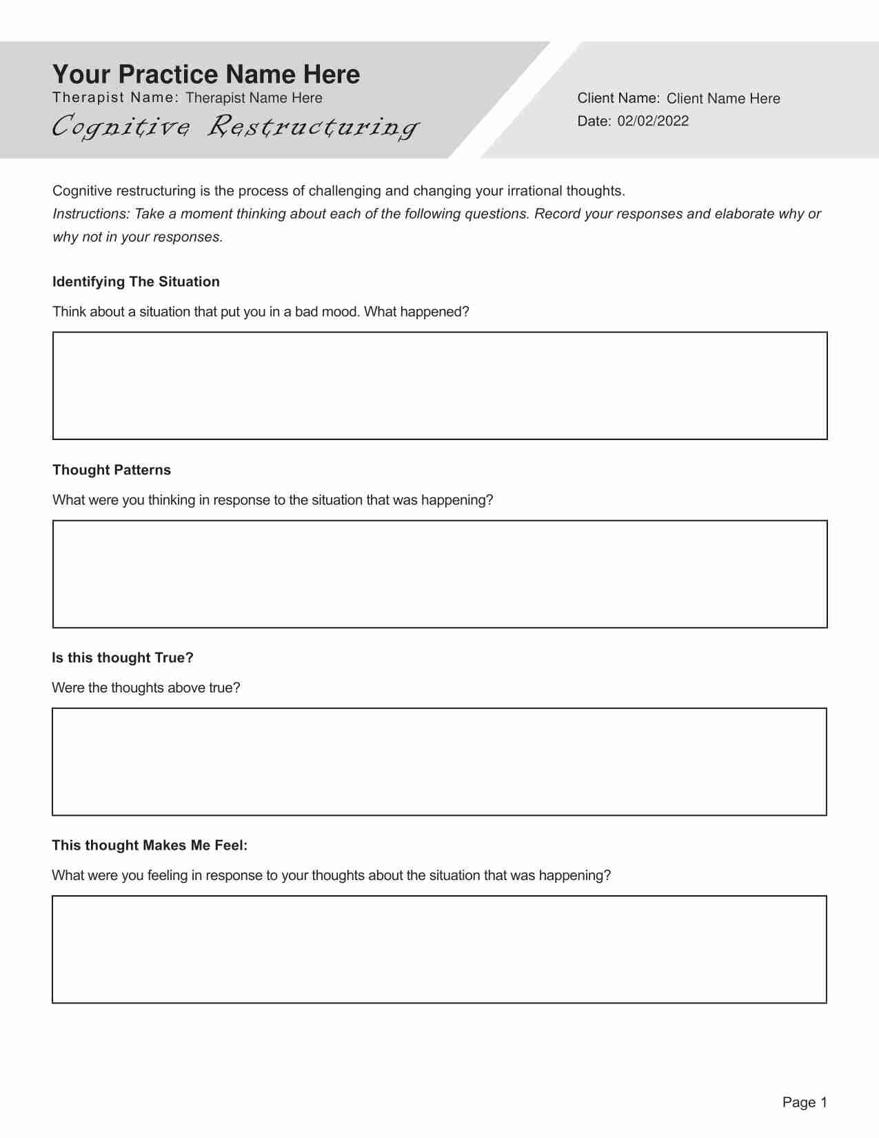 Cognitive Restructuring Worksheet Editable Fillable Printable PDF TherapyByPro