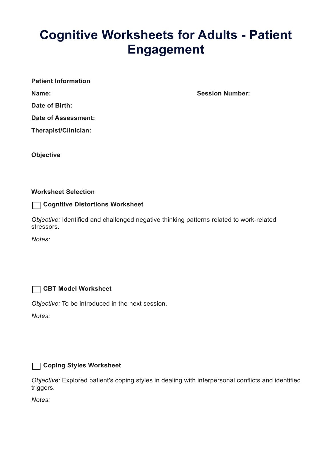 Cognitive Worksheets For Adults