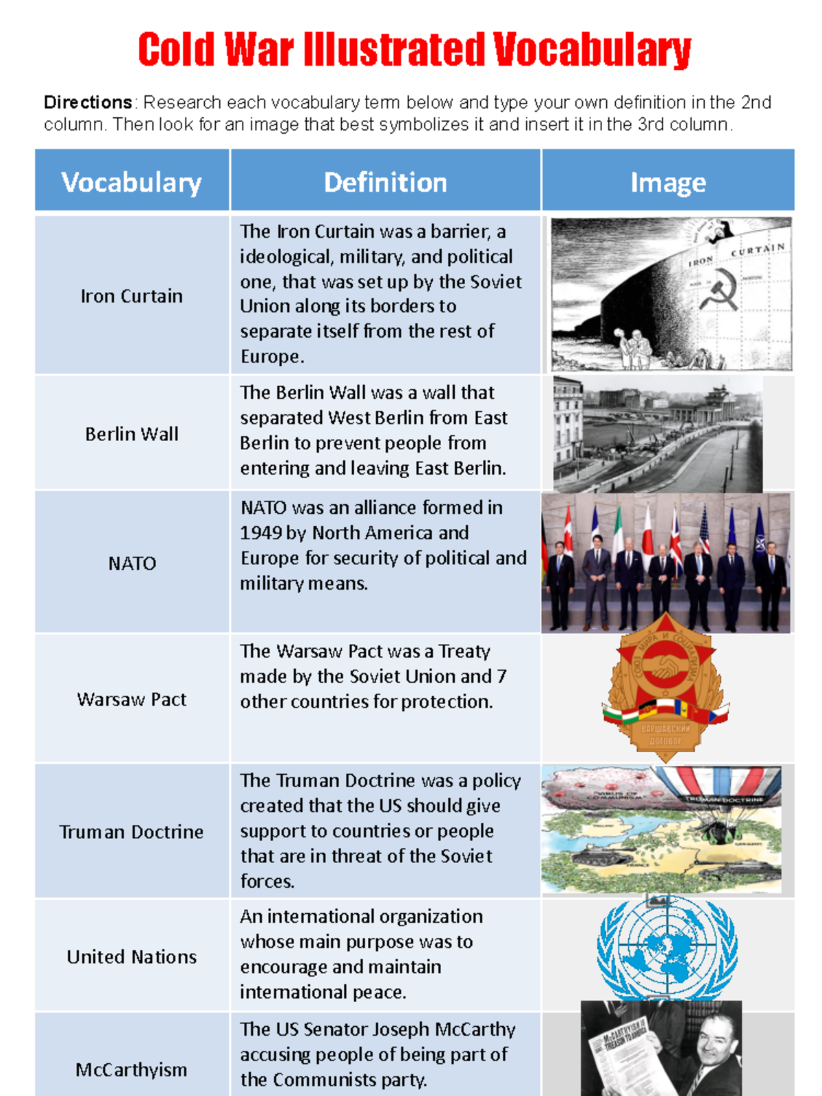 cold war vocabulary worksheet answers