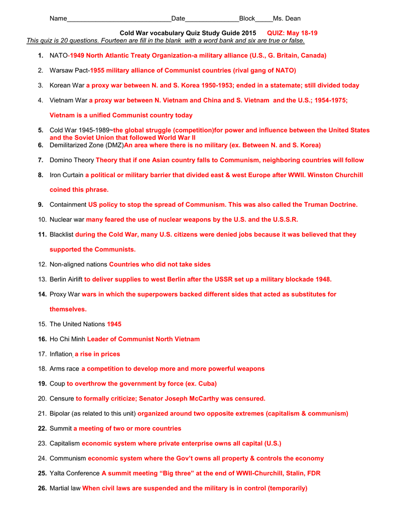 Cold War Vocabulary Quiz Study Guide