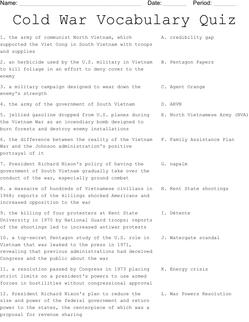Cold War Vocabulary Quiz Worksheet WordMint