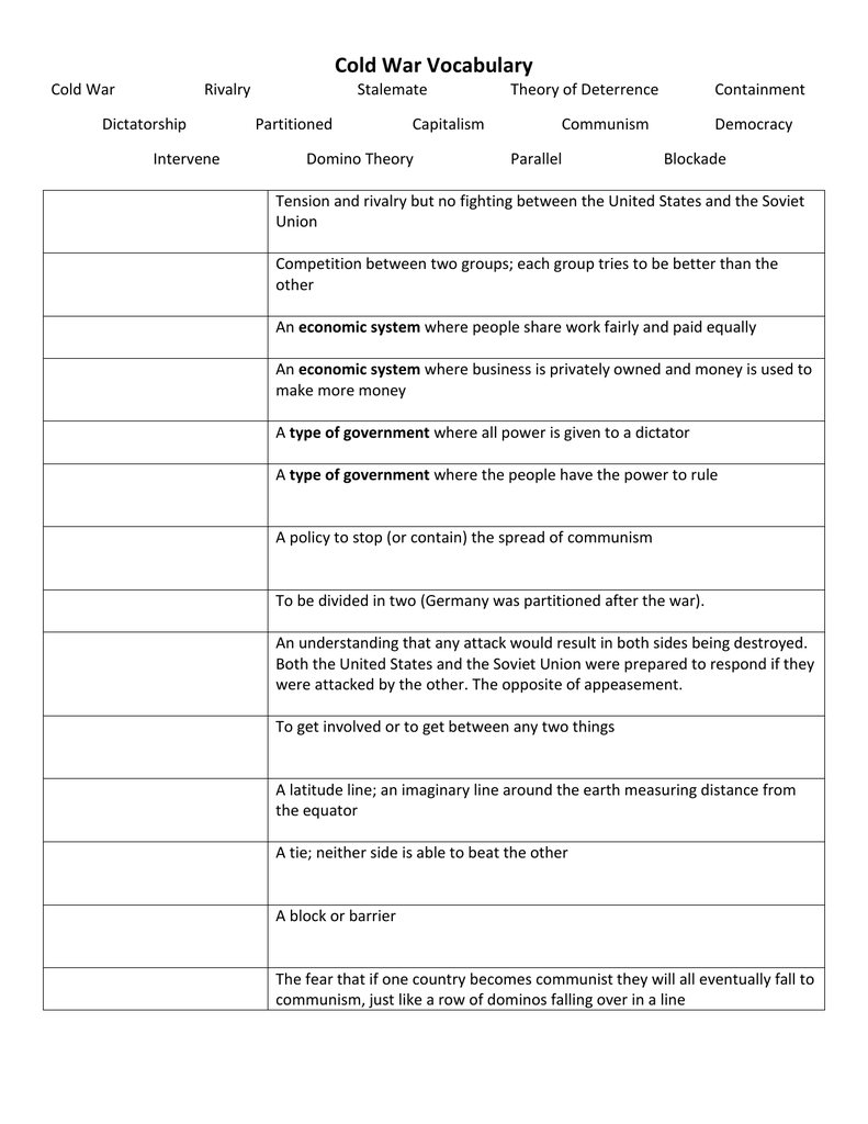 Cold War Vocabulary Worksheet Key Terms Definitions