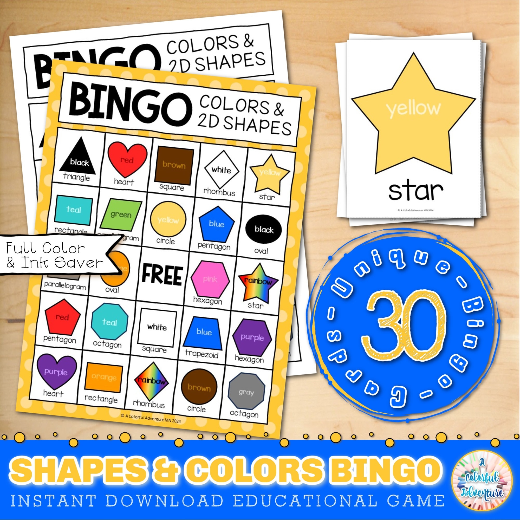 Colors And Shapes Bingo Game For Kids 30 Printable Cards digital Download Etsy