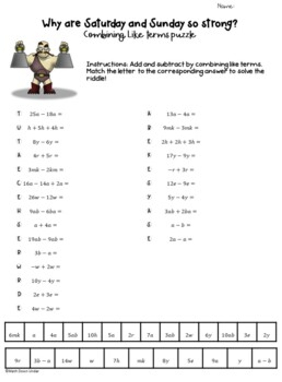 Combining Like Terms Printable Worksheet Practice Algebraic Skills