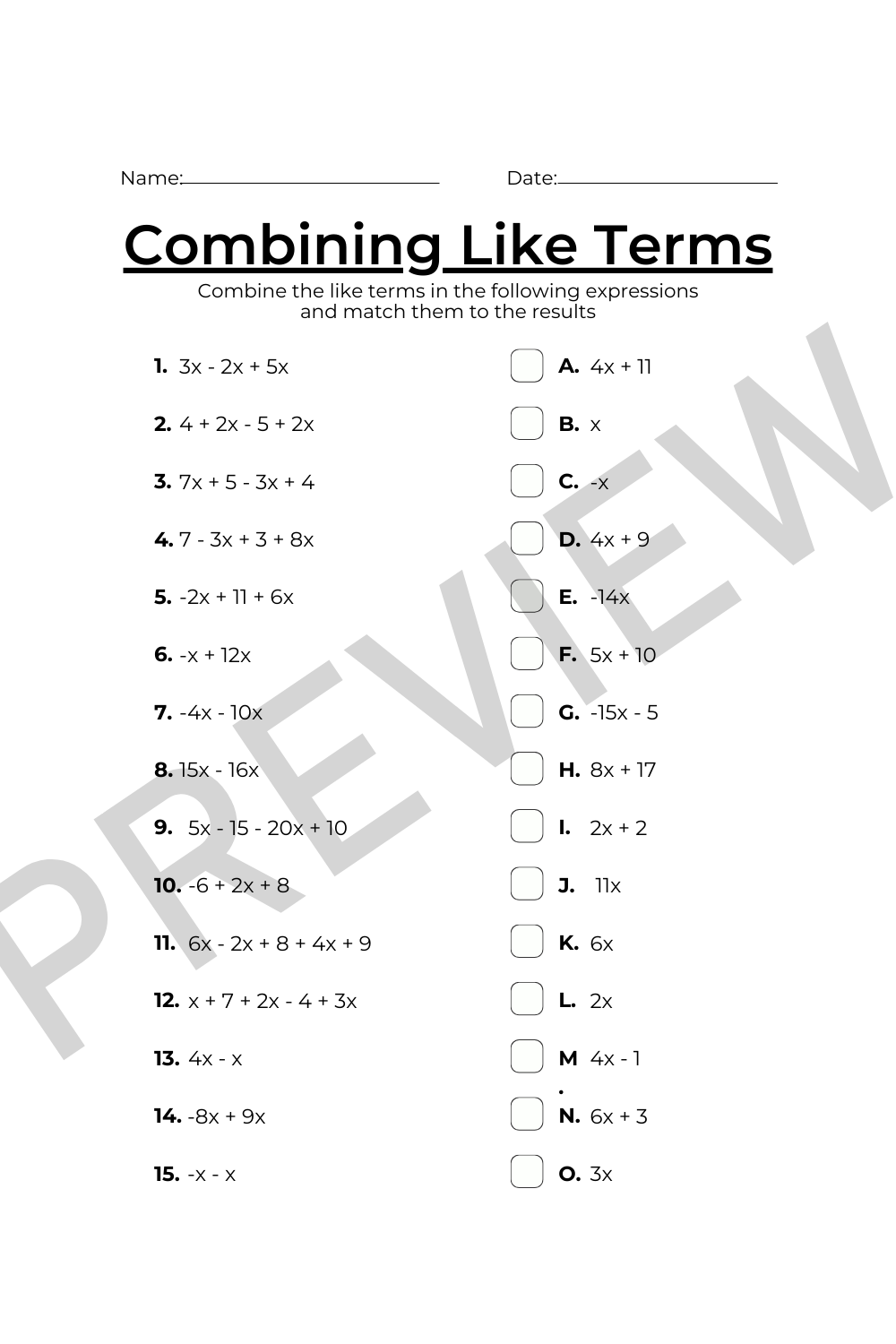 Combining Like Terms Worksheet Elevatest English And Math Education