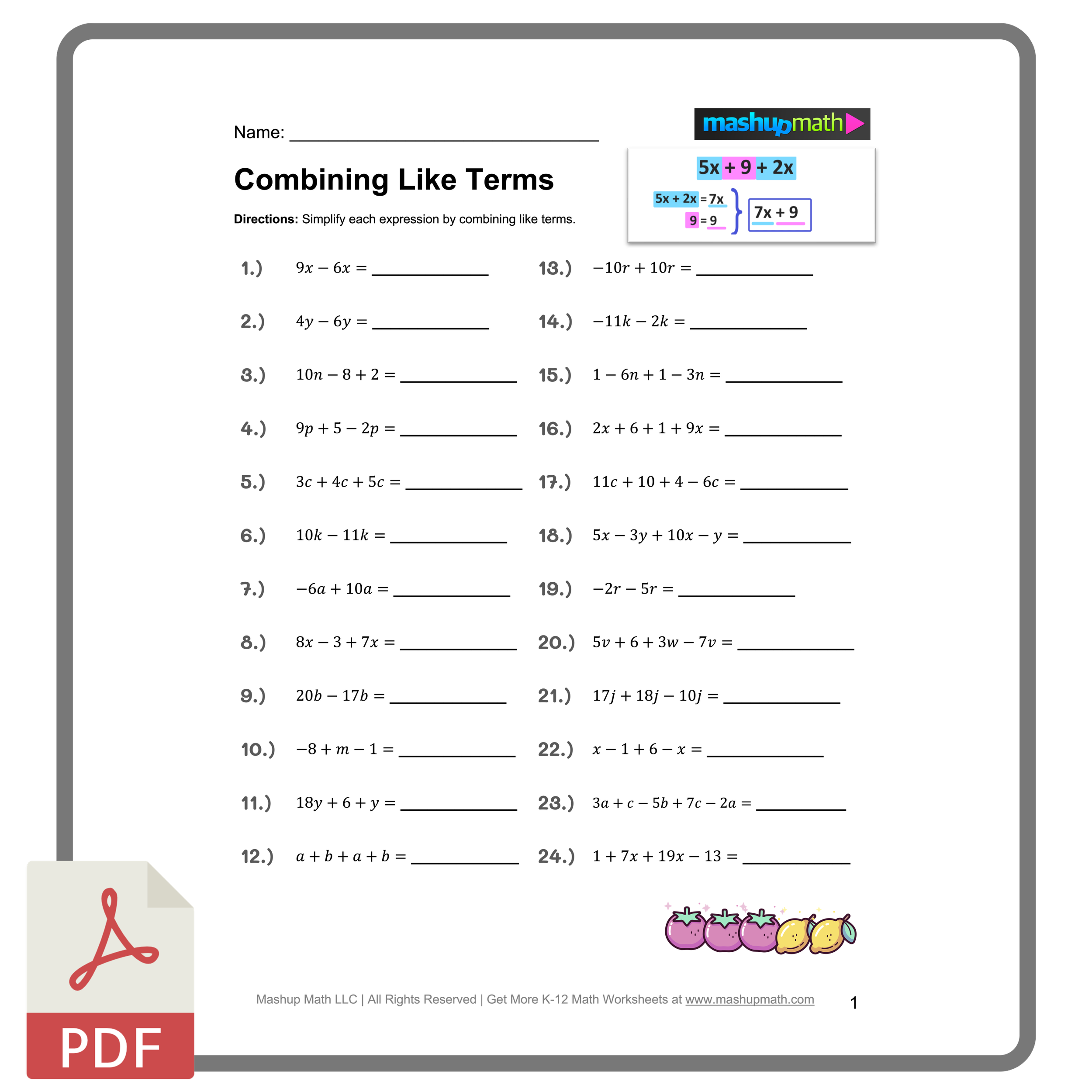 Combining Like Terms Worksheets Printable With Answers Mashup Math