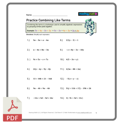 Combining Like Terms Worksheets Printable With Answers Mashup Math
