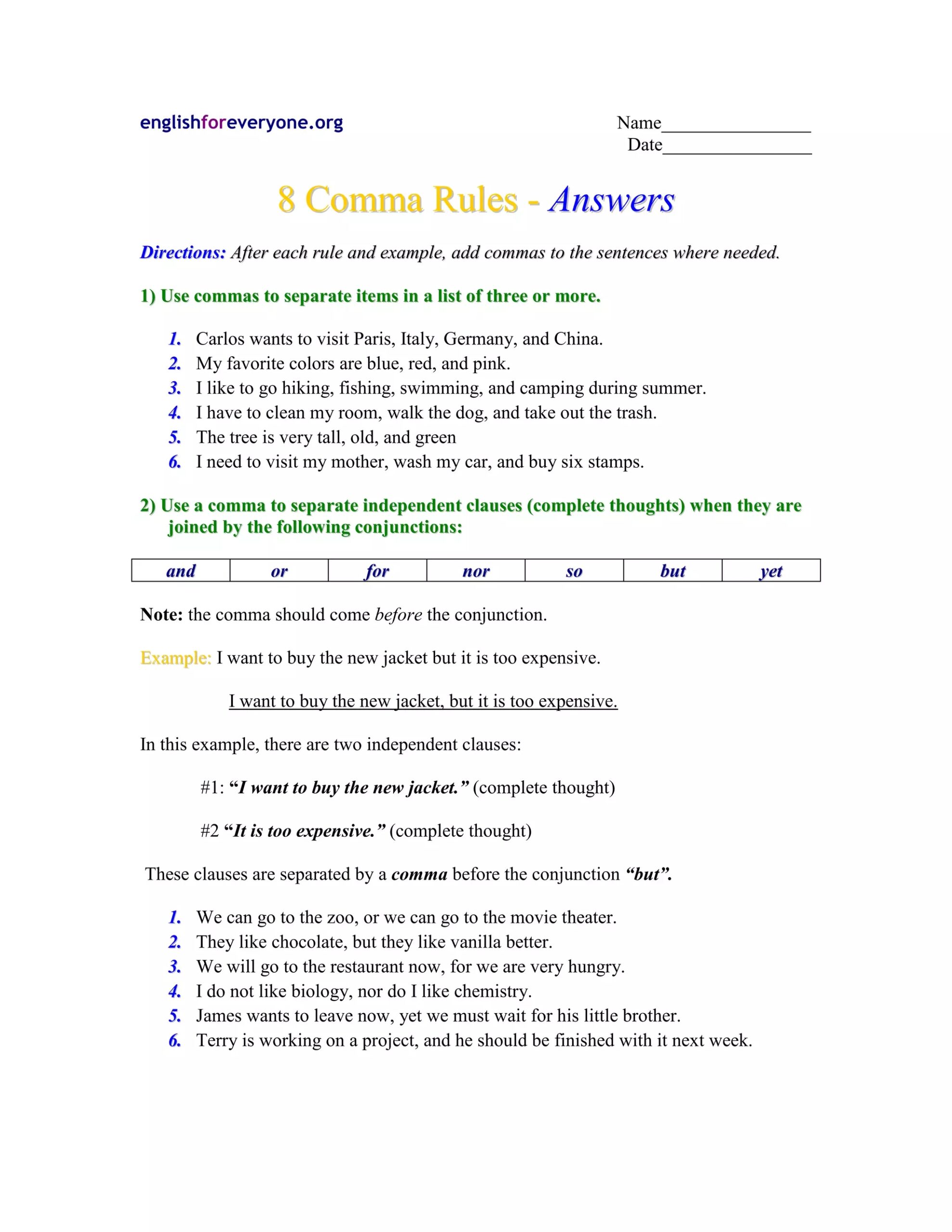 Commas Answers PDF