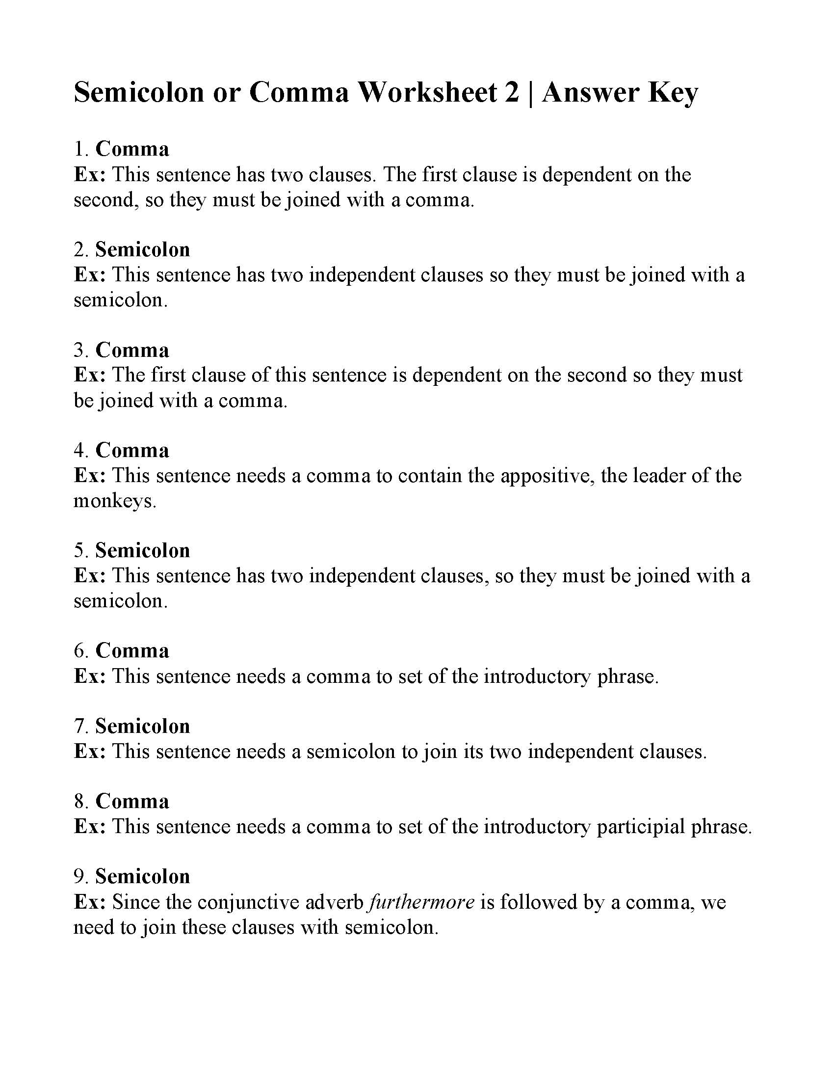 Commas Or Semicolons Worksheet 2 Answers Worksheets Library