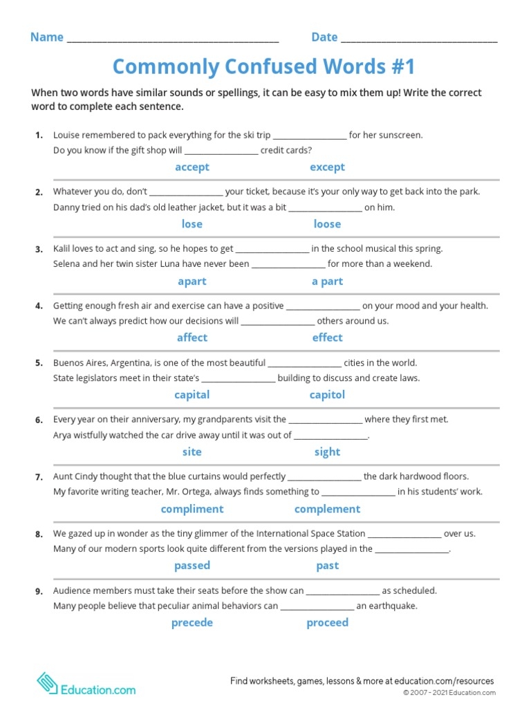 Commonly Confused Words 1 Name Date PDF Worksheets Library