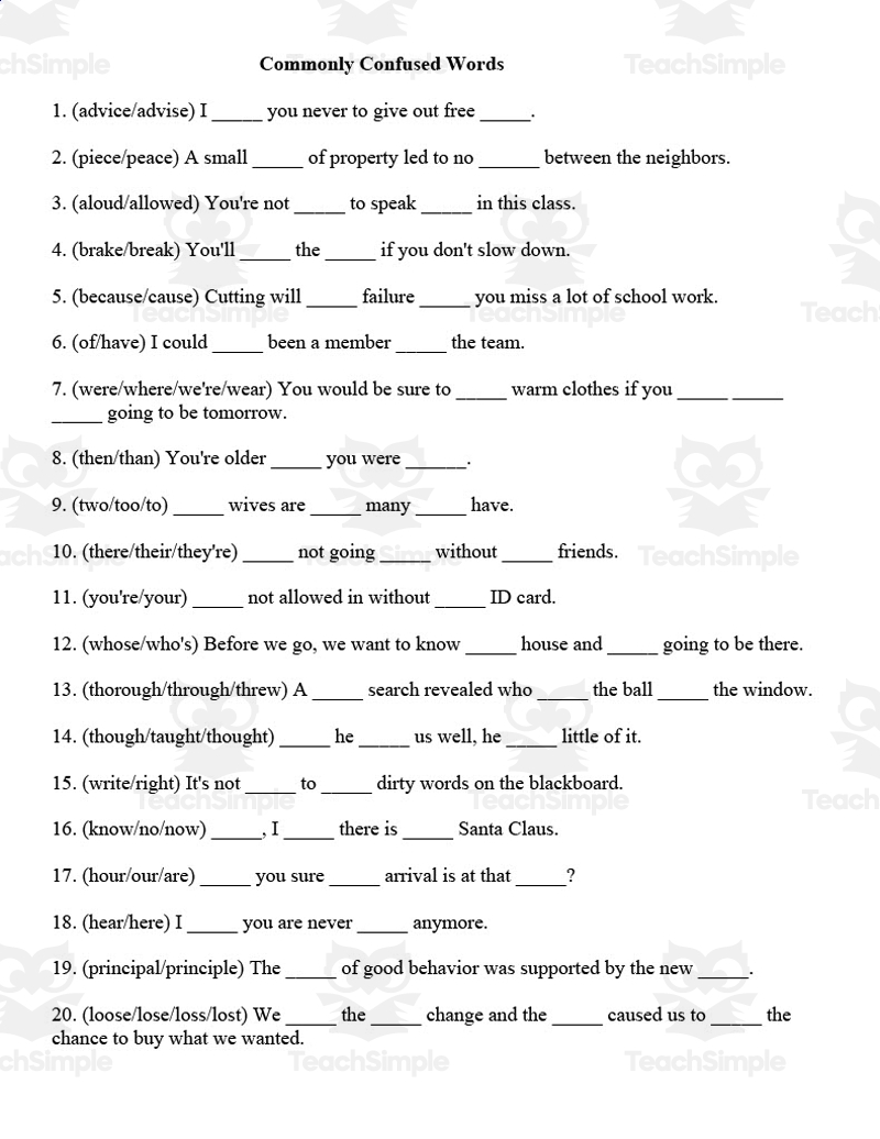 Commonly Confused Words Exercise Worksheets Library